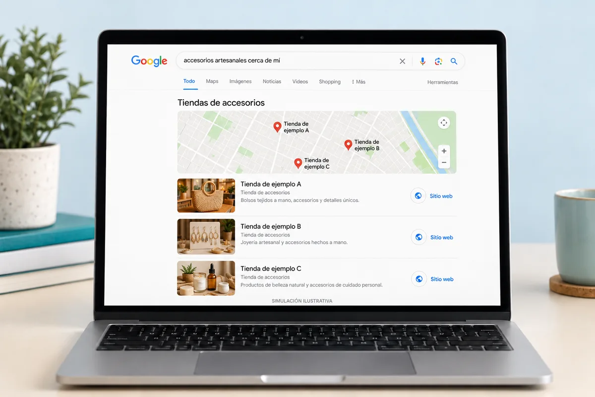 Simulación de una búsqueda en Google de tiendas de accesorios cercanas, con negocios ficticios y enlaces a sus sitios web.