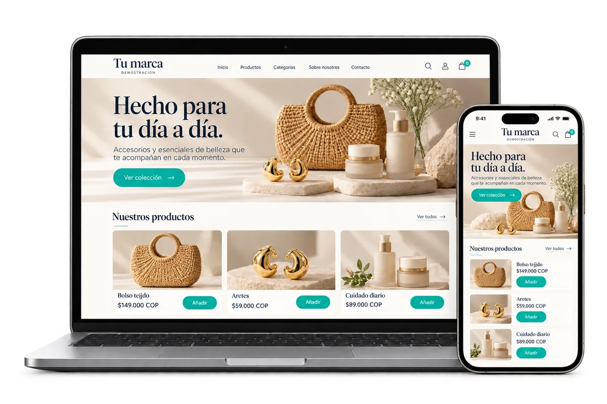 Demostración de una tienda de accesorios y belleza en computador y teléfono, con catálogo y precios ilustrativos en COP.